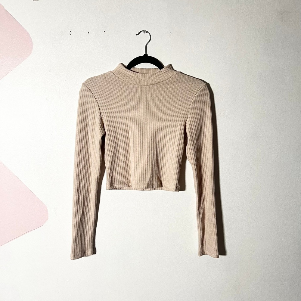 OGL Crop Top Women's Medium Beige Ribbed Mock Neck Long Sleeve